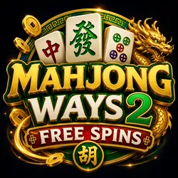 Mahjong Ways 2 Free Spins logo artwork — mahjong tiles and gold dragon